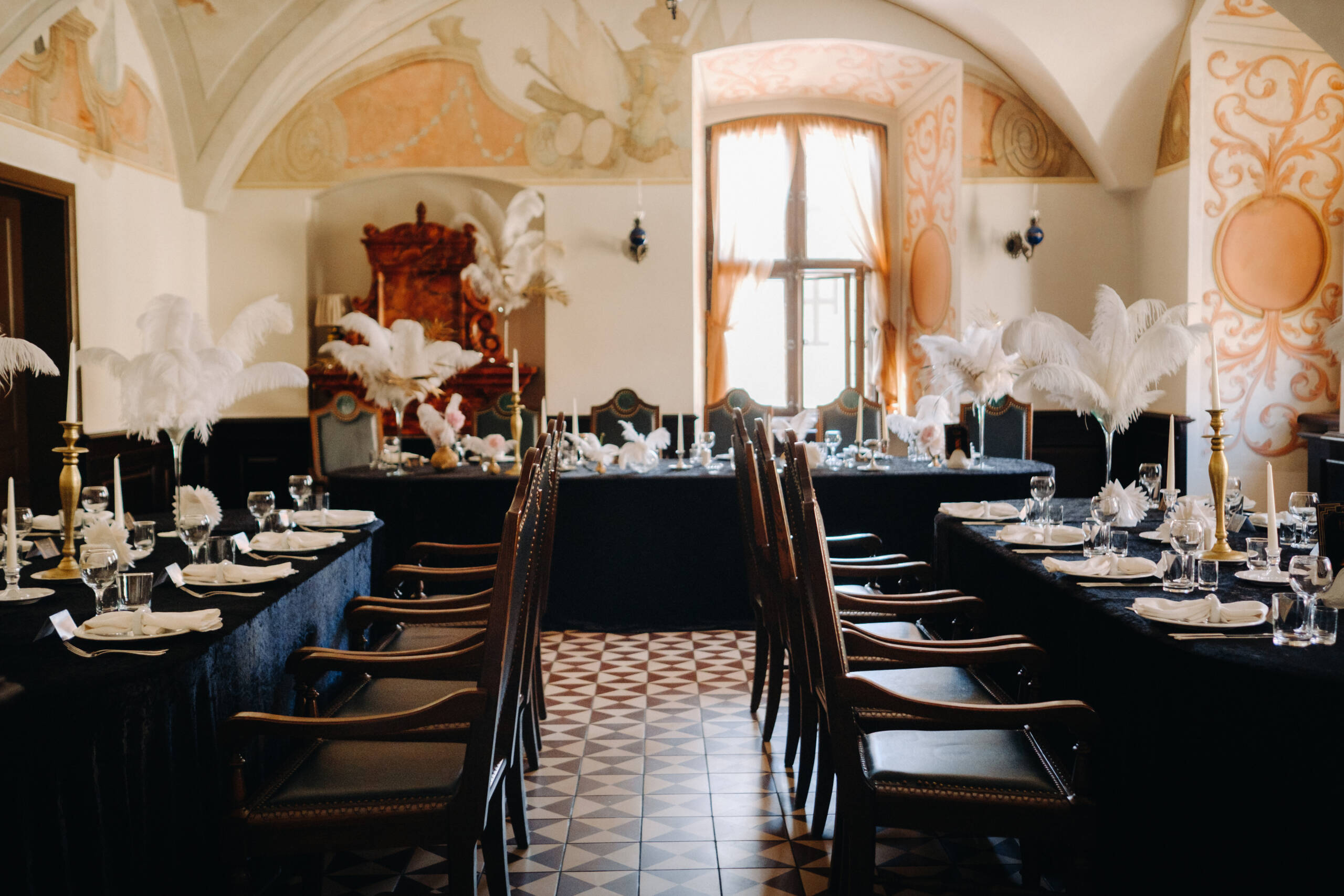 decorated festive table for a wedding evening in an old castle.
