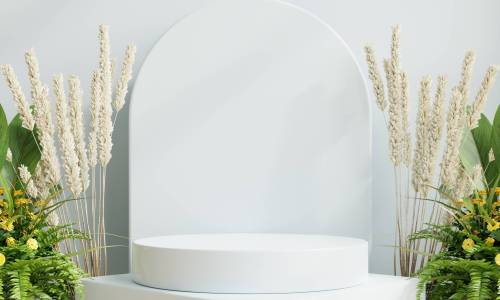 Product display podium decorated with a light blue color background.3D rendering
